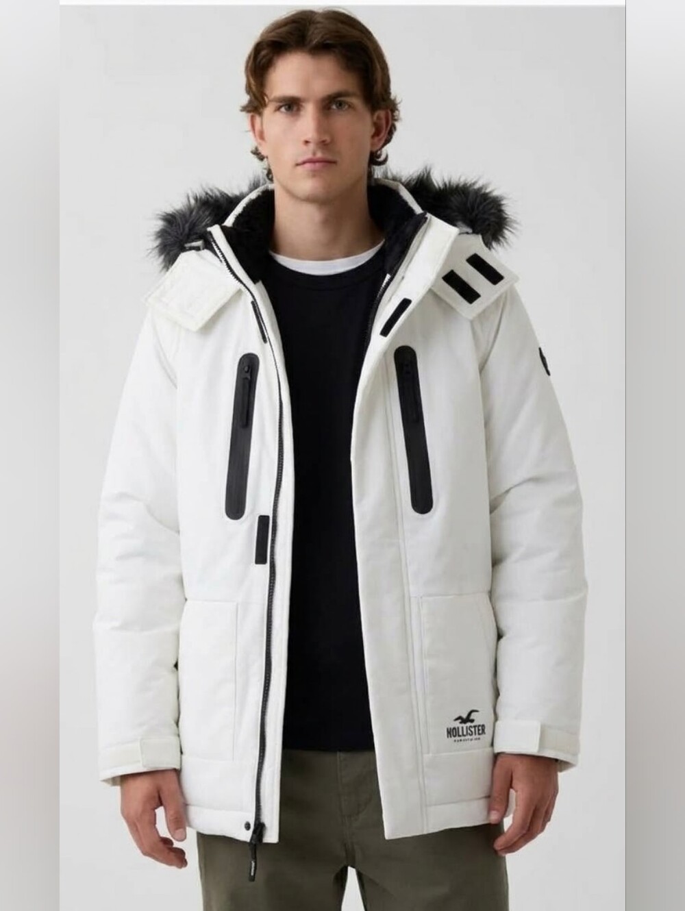 Hollister All-Weather Parka White & Black Puffer Jacket Small